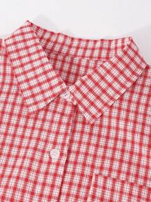 SHEIN Explorewe Blusa de cuadros rojos vintage para niña preadolescente, top casual de manga corta para volver al colegio 2025, adecuado para el estilo preppy y deportivo de los niños - Rojo - Ver 3