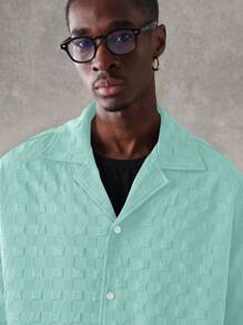 SUMWON Textured Crop Fit Revere Collar Short Sleeve Button Down Shirt Summer Casual Resort Vacation Lightweight Camp Collar Shirt - Teal Blue - View 5