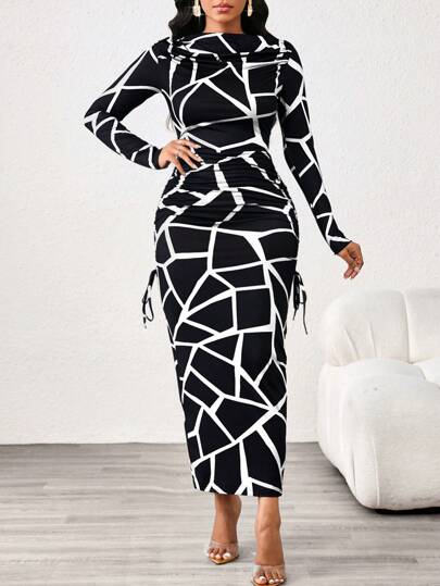 SHEIN Lady 豹纹修身长袖船领女装优雅精致女士连衣裙