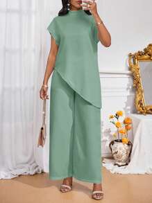 SHEIN Lady Damen Outfit-Sets in Zweiteiler-Form für alle Jahreszeiten, Herbst Zweiteiler-Sets, lässig-elegante Damen Outfits mit weißem gewebtem Stehkragen, elegante Überlagerungssets für Damen im Herbst, neue Damen Zweiteiler-Sets, Damen lässige Zweiteiler-Sets