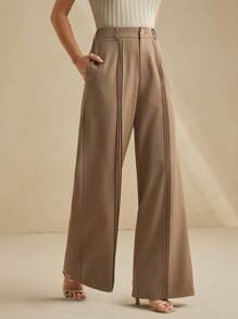 Anewsta 优雅知性棕色褶皱阔腿裤 - 咖啡棕 - 查看 3