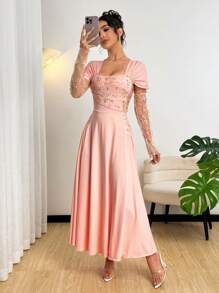 Modelyn 女式长袖单肩褶饰修身连衣裙 - 粉色 - 查看 4