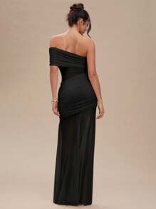 SHEIN BAE 女士夏季服装纯杏色褶皱性感透视长裙女装，夏季连衣裙 - 黑色 - 查看 7