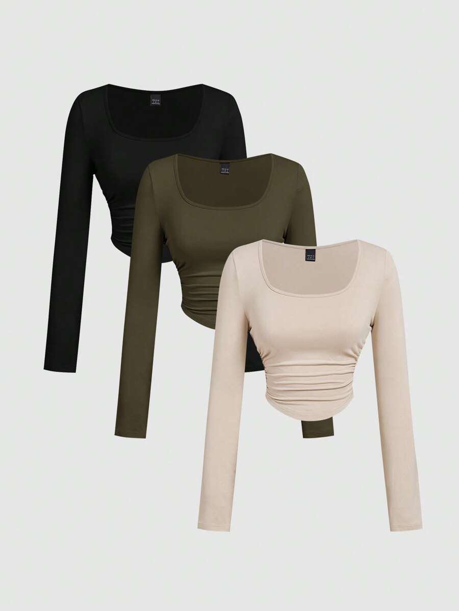 SHEIN MOD 3 件女式褶皱休闲方领长袖 T 恤套装，保暖服装，秋季女装，外出上衣，假日女装，新年，白色上衣 - 軍綠色 - 查看 1