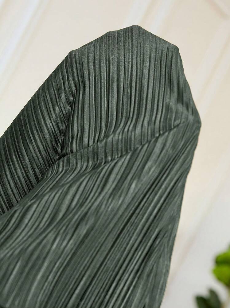 SHEIN Frenchy 大码休闲简约黑色长款百褶朴素女式连衣裙 - 軍綠色 - 查看 7