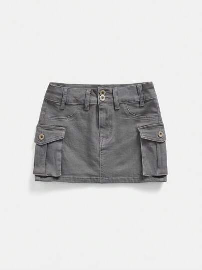 SHEIN ICON Women's Utility Pocket Casual Low Waist Denim Super Short Skirt