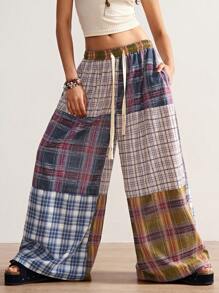Bohemela 女式梭织格子拼接宽松阔腿裤 - 彩色 - 查看 3