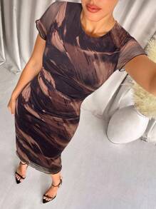 Lavishia Women's Fashionable Printed Short Sleeve Dress, Suitable For Spring & Summer - Brown - View 5