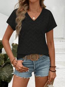 SHEIN LUNE Women's Black Eyelet Embroidery V-Neck Short Sleeve Top
