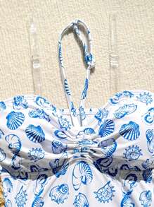 SHEIN Đồ bơi một mảnh họa tiết hoa nhỏ xinh xắn dành cho bé gái tuổi teen - Xanh và trắng - Xem 3