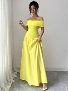 Rafferiza 女士露肩纯色长裙，优雅