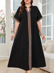 Lacomfia Plus Size Short Sleeve Solid Color Lace Trim Dress For Women - Black - View 7