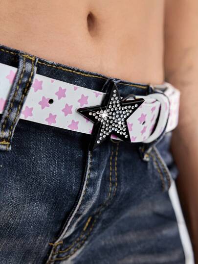 ROMWE Avant 1pc Punk Color Block Star Studded Belt, Y2K Style Rhinestone Star Buckle Leather Decorative Belt, Accessory