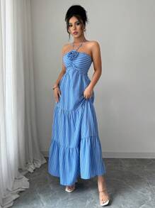 YkhahaElenzga Vestido de playa largo a rayas con decoración de flores 3D para mujeres, Verano 2025Ykhaha - Azul y blanco - Ver 5