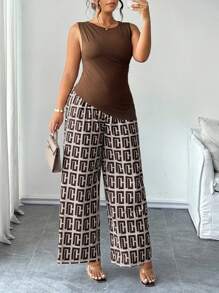 SHEIN Clasi Set da 2 pezzi, maglia in maglia morbida tinta unita con collo a giro e pantaloni casual a gamba ampia con stampa, ideale per taglia forte, per uscite e spostamenti quotidiani - Multicolore - Visualizzare 6