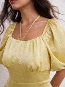 Modelyn Fashionable & Elegant Tie Neck Patchwork Knitted Yellow Dress - Yellow - View 8