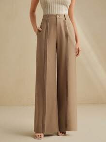 Anewsta 优雅知性棕色褶皱阔腿裤 - 咖啡棕 - 查看 4
