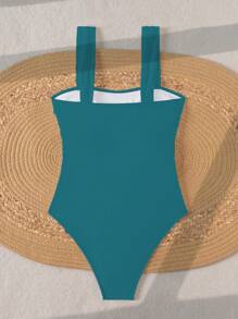 Swim Basics Baju Renang One-Piece Sederhana dengan Tali Lipit Warna Polos untuk Musim Semi, Gaya Boho Festival untuk Wanita untuk Liburan Pantai Musim Panas - Teal Blue - View 5