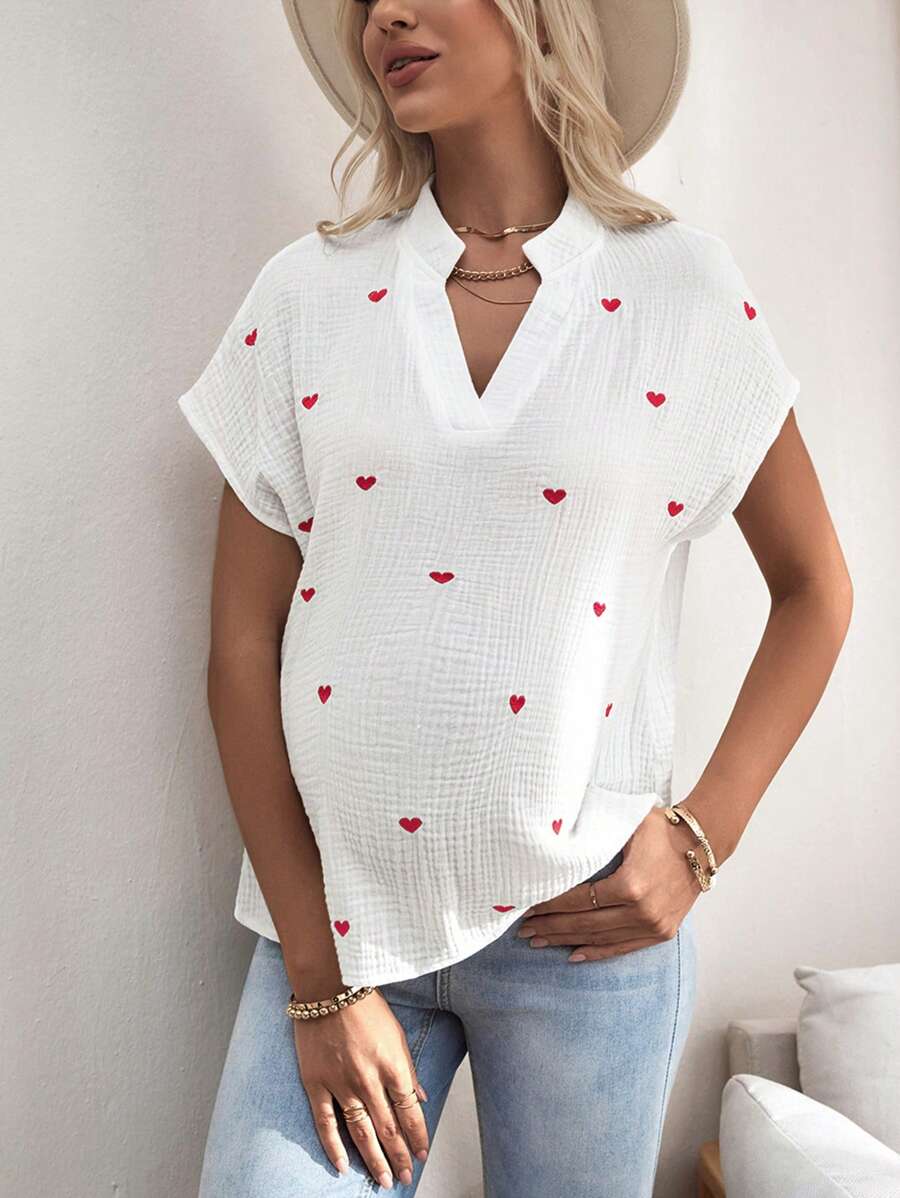SHEIN Maternity Casual Simple Heart Print Notch Neck Blouse - White - View 1