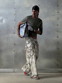 NEON BLANC Men Street Style Chain Print Personalized Pants, Streetwear-Inspired, Fall - White - View 1