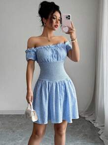 Chiquease Women's Summer Off-Shoulder Frill Hem Plaid Belted Midi Dress