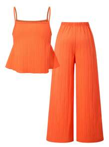 SHEIN Sparklyn Tween Girls Casual Sweet Lovely Textured Crinkle Fabric Cropped Tank Top With Relaxed Wide Leg Pants 2 Pieces Set, Suitable For Daily Commute, Holiday, Sisters Street Style, Spring/Summer - Orange - View 2