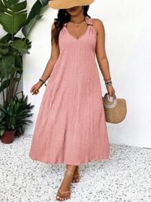 SHEIN Frenchy Vestido largo de verano con cuello en V y tiras de hombro con adornos de aro de madera, tela fluida texturizada, vestido de playa de verano de talla grande en colores pastel, vestido largo de playa de verano para mujeres