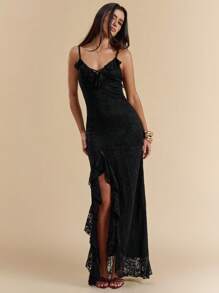 SHEIN BAE 黑色蕾丝荷叶边高开衩礼服，优雅合身，适合音乐节、海滩度假、万圣节服装 - 黑色 - 查看 1