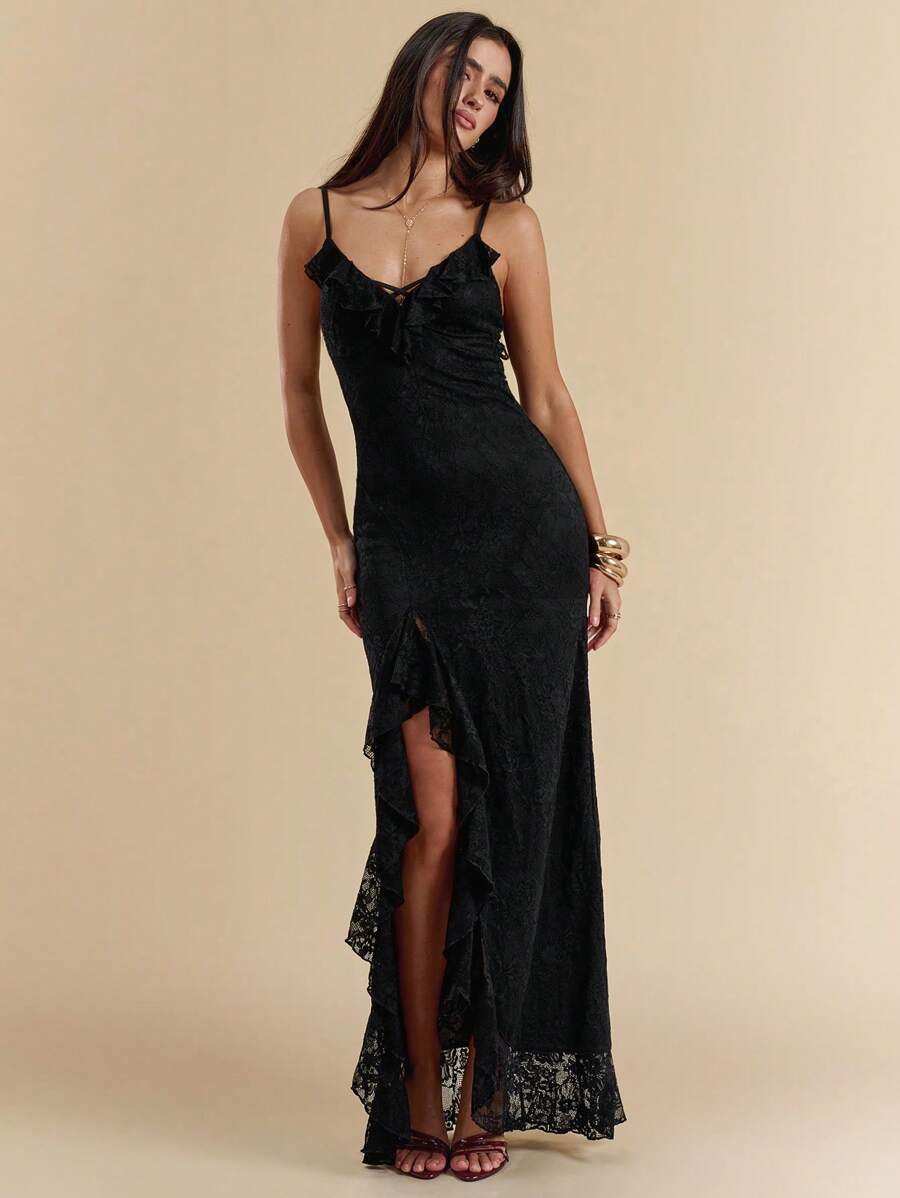 SHEIN BAE 黑色蕾丝荷叶边高开衩礼服，优雅合身，适合音乐节、海滩度假、万圣节服装 - 黑色 - 查看 1