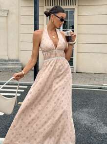 Siren Gaze Elegant Dusty Rose Embroidered Halter Neck Long Dress,Women's Summer Holiday Vacation Open Back Waist A-Line Linen Dress For Party,Casual Wear - Apricot - View 6