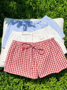SHEIN EZwear Plus Size Women Waist Tie Plaid Loose Casual Shorts