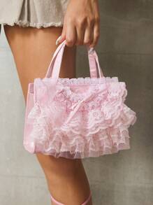 ROMWE Kawaii 时尚优雅甜美蕾丝边手提包 - 粉色 - 查看 9