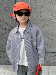 Dazy Kids 小男孩卡通兔子条纹长袖单排扣口袋休闲衬衫，秋季 - 藏蓝色 - 查看 8