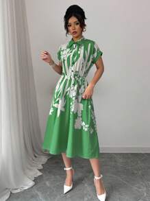 Rafferiza Women Bat Wing Sleeve Collared Belted Floral Print Dress - Green - View 4