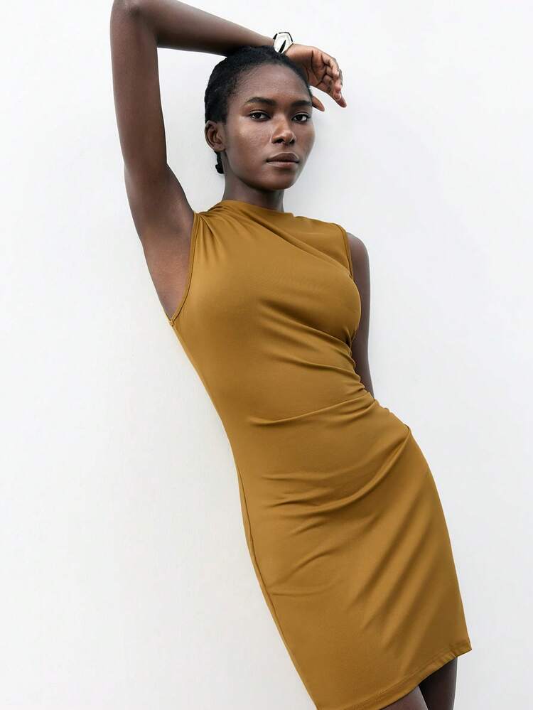 SHEIN Maija 2025 Summer New Yellow Waist Ruched Tea Party Dress, Elegant Modern Leisure Party/Holiday/Office/Beach/Brunch/Graduation Wear