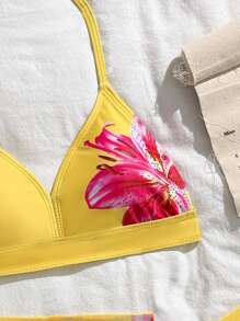 Set de traje de baño de 3 piezas para adolescentes con bikini triangular estampado floral y falda de playa, adecuado para vacaciones, estilo retro, playa, océano, elegancia y ternura