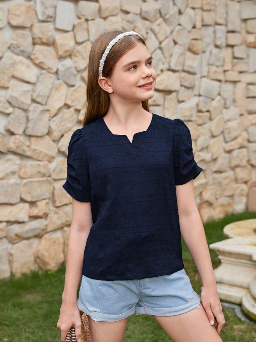 SHEIN Leap Crew Tween Girl's Blue Short Sleeve V-Neck Textured Shirt With Pleated Puff Sleeves - Royal Blue - View 1