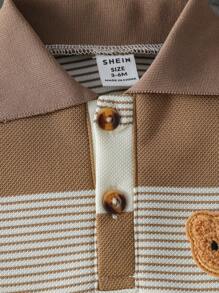 SHEIN Playful Pals 男婴婴儿休闲可爱熊刺绣徽章不对称条纹短袖 Polo 衫和短裤套装，适合夏季