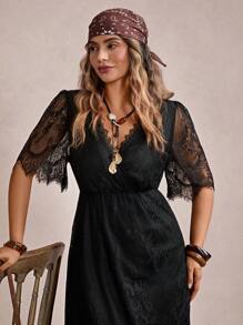Freevana Vestido de encaje de unicolor con abertura alta, estilo vacacional de festival de música country de verano, regalo del Día de la Madre, ropa para Pascua, atuendo de vacaciones para mujeres, atuendo de concierto para mujeres, vestidos de graduación para mujeres