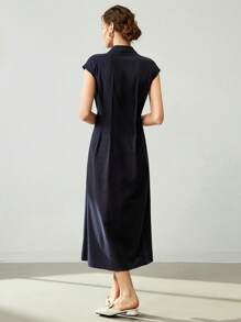 Uhlyne Rochie elegantă de înaltă calitate, stilată, de culoare solidă, casual, cu nasturi, design confortabil și elegant pentru rochie de vacanță din lenjerie, rochie fără mâneci - Albastru marin - Vizualizare 3