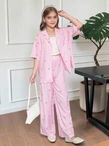 SHEIN 青少年女孩休闲时尚粉色和白色条纹蝴蝶结领宽松短袖衬衫和阔腿裤套装，返校，母子装 - 粉色 - 查看 6
