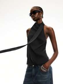 LYSMO 2025 New Arrivals Women's Ruched Halter Neck Satin Blouse With Adjustable Scarf-Tie Design And Open Back, And Avant-Garde, Hot Girl Style - Black - View 5