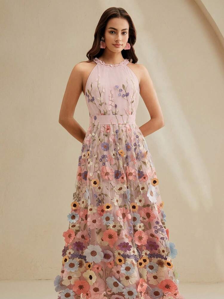 Vestido Longo Elegante com Bordado Floral 3D