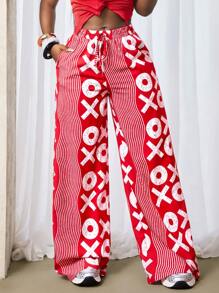 BamGleam 女式松紧腰抽绳宽松全印花休闲裤 - 紅白色 - 查看 4