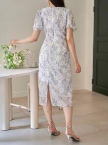 DAZY Women Ditsy Floral Ruffle Sleeve Mid-Length Dress, Elegant Style Easter - Light Grey - View 2