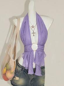 SHEIN ICON 2025新款复古浪漫深V领透视网纱露背上衣，适合派对和假日穿着 - 淡紫色 - 查看 2