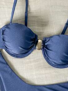 Swim Basics Women's Solid Color Spaghetti Strap Underwired Top And Swim Shorts 2pcs Summer Swimsuit Set - Blue - View 3