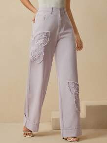 Anewsta Modische elegante Damen Jeans mit geradem Bein und Stickerei