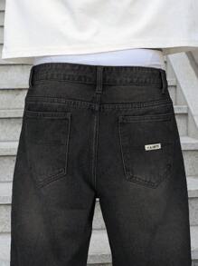 Claim Dot 男士纯色复古休闲宽松牛仔短裤，夏季 - 黑色 - 查看 8