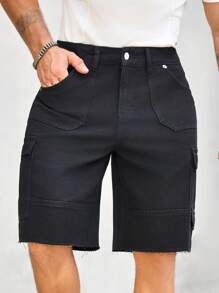 Manfinity Homme 男士实用口袋阔腿百慕大休闲牛仔短裤 - 黑色 - 查看 4